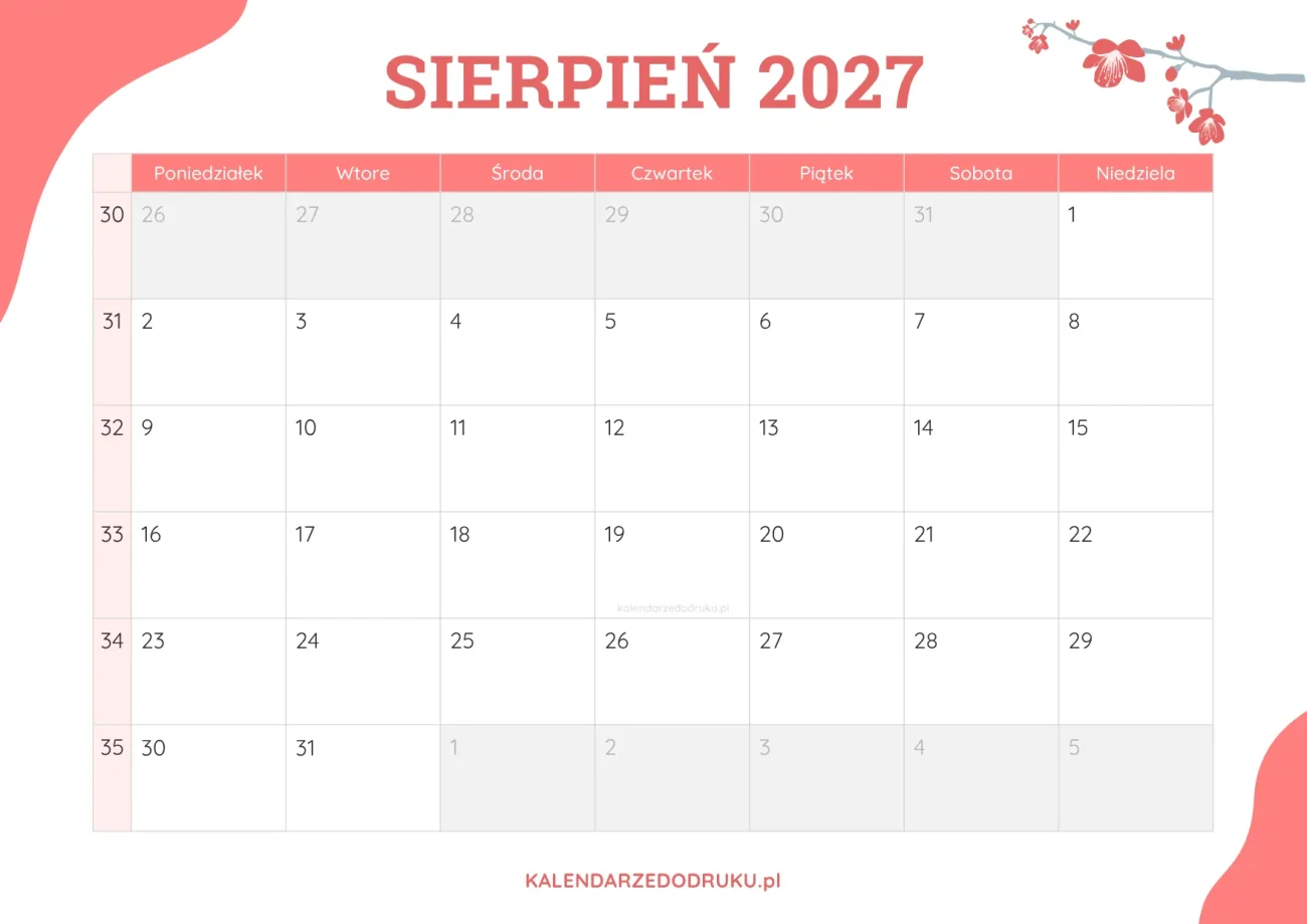 planner miesieczny sierpień 2027 kwiatowy
