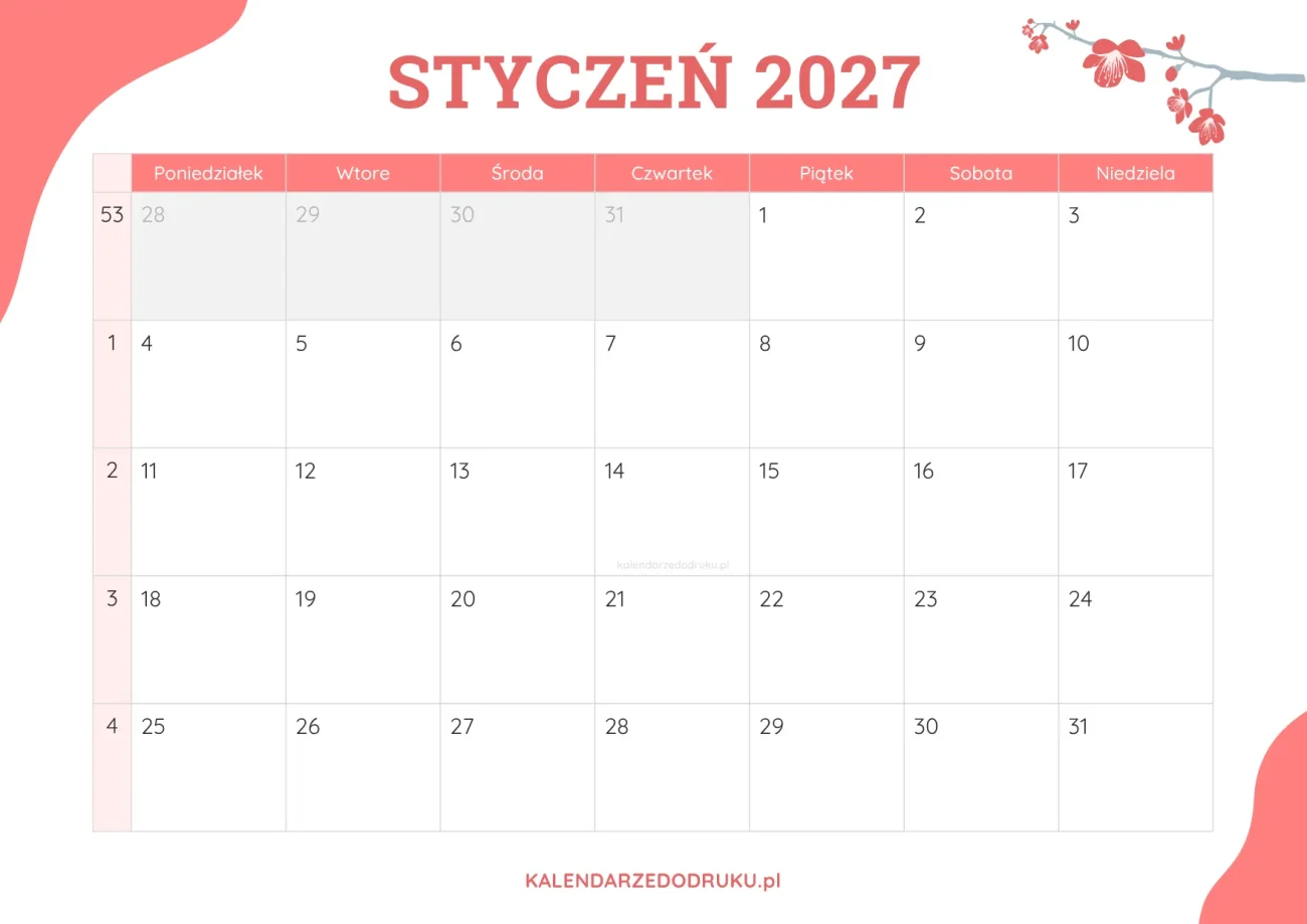 planner miesieczny styczen 2027 kwiatowy