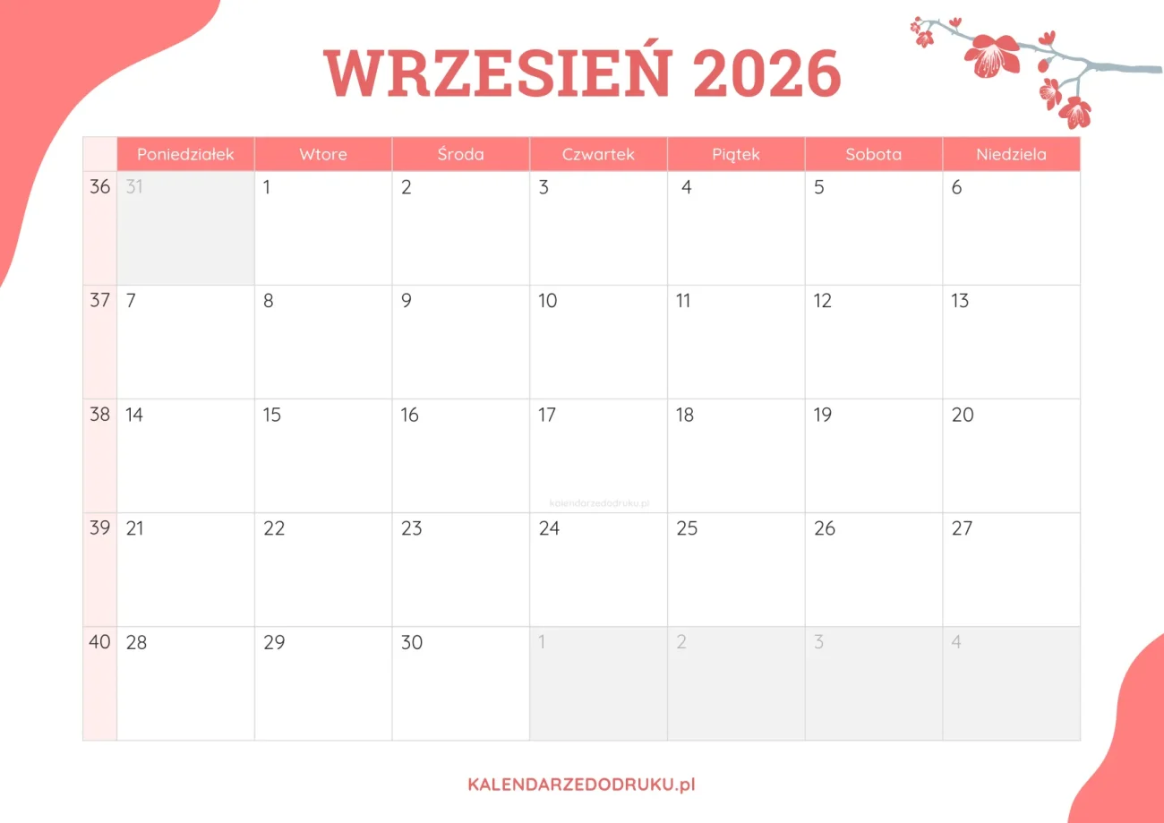 planner miesieczny wrzesień 2026 kwiatowy