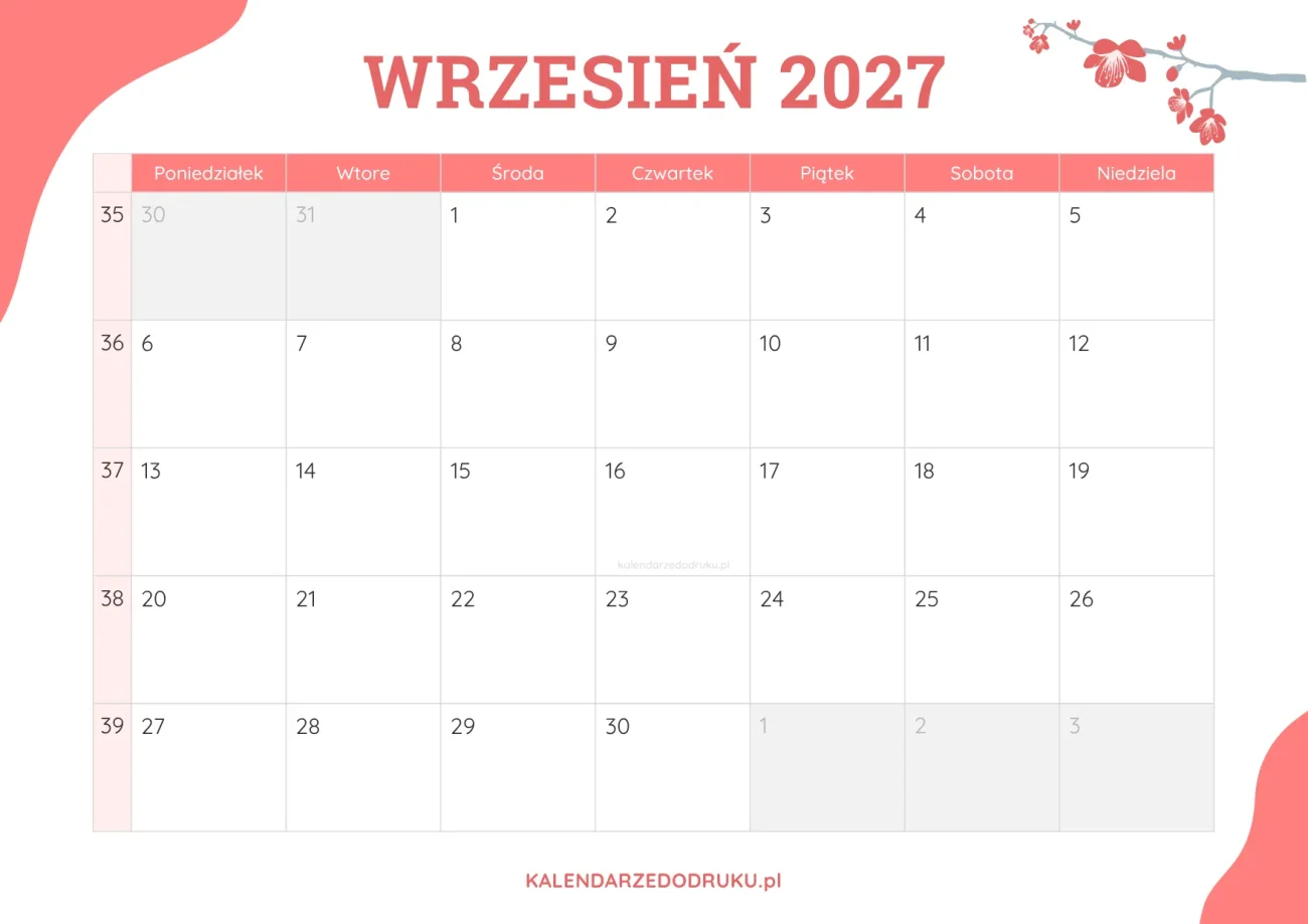 planner miesieczny wrzesień 2027 kwiatowy